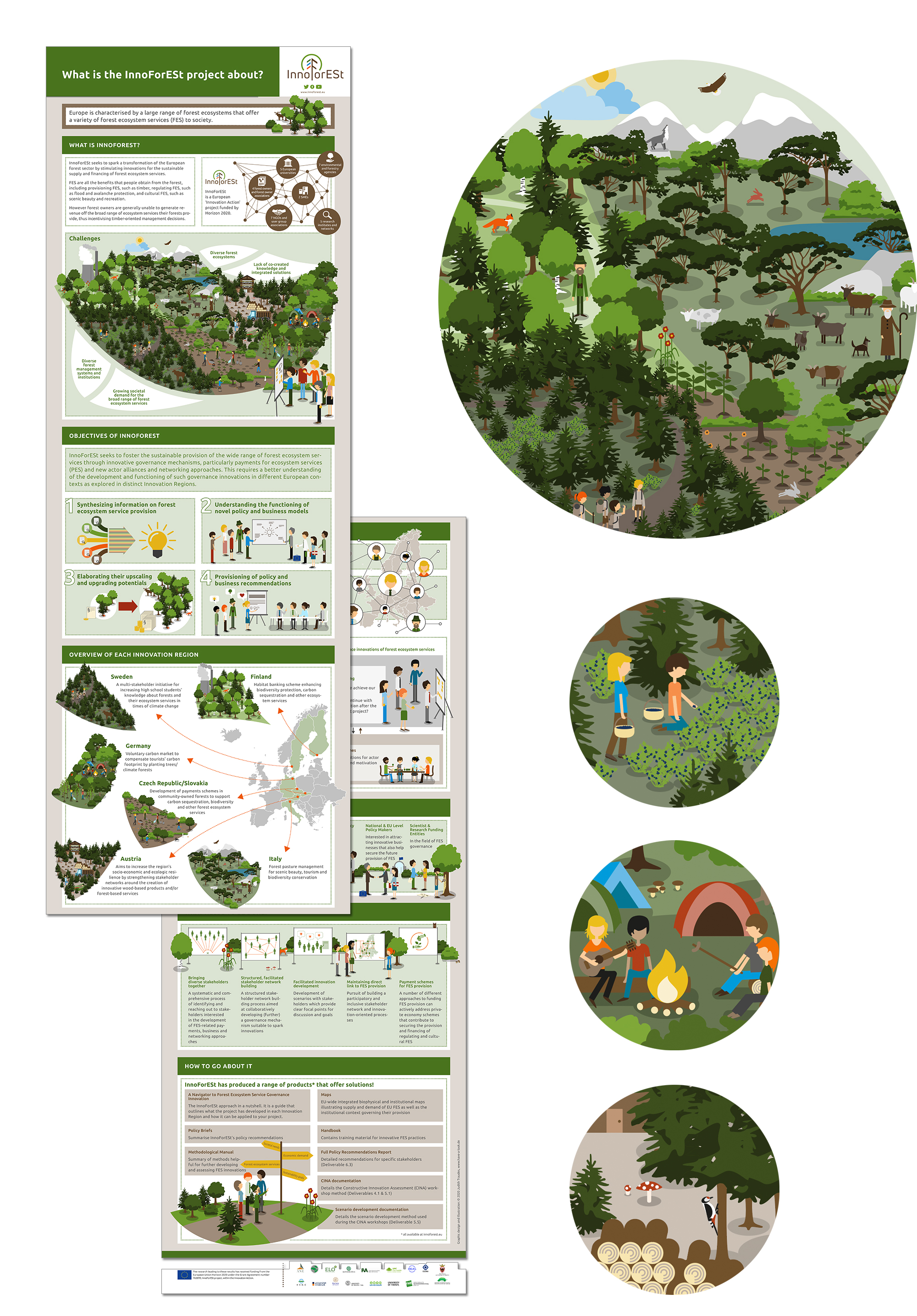 Infografiken und Illustrationen für das Projekt InnoForESt. Thema: nachhaltiger Waldschutz in Europa