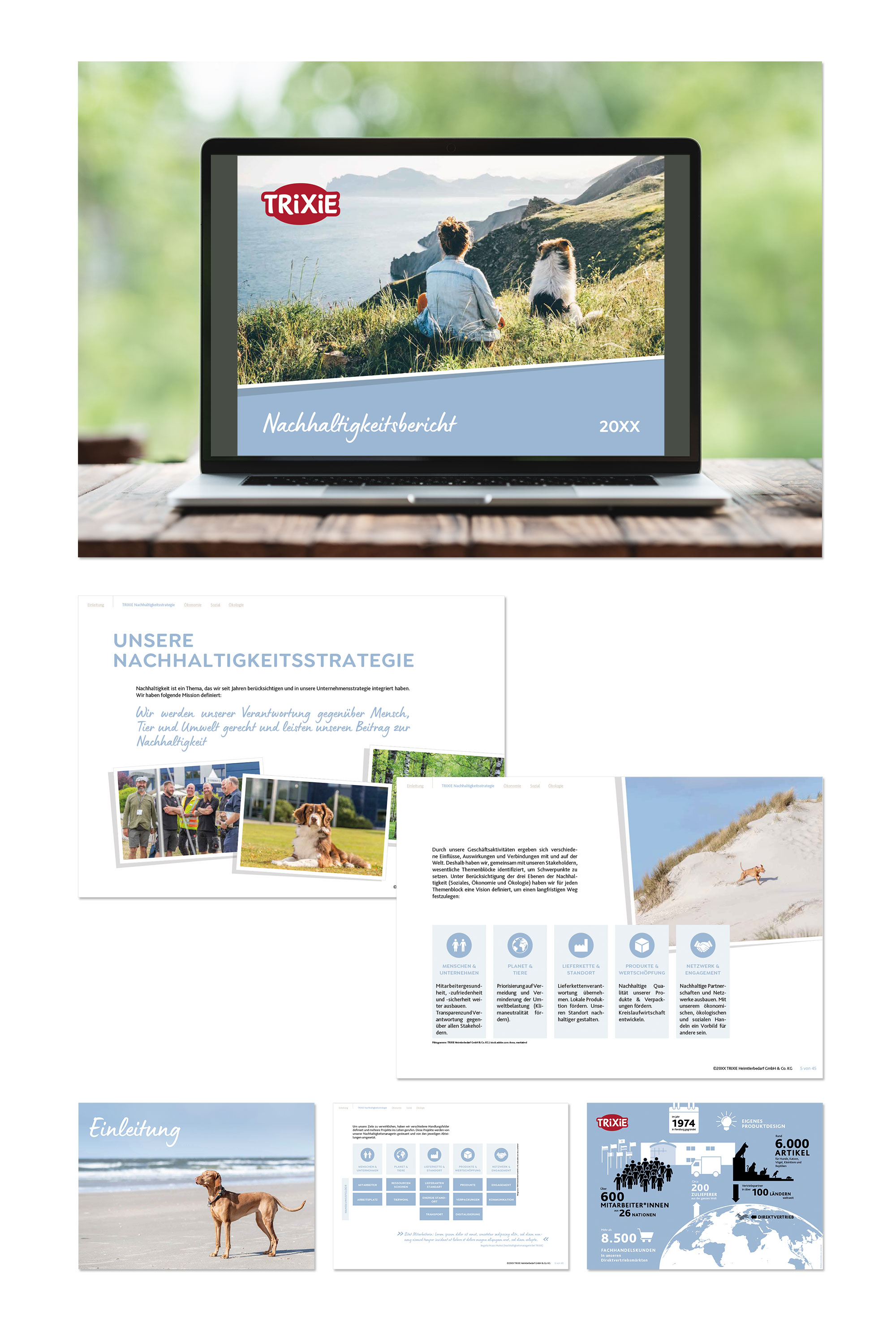 Layout-Entwürfe und Infografiken für den Nachhaltigkeitsbericht von TRIXIE Heimtierbedarf – Beispielseiten