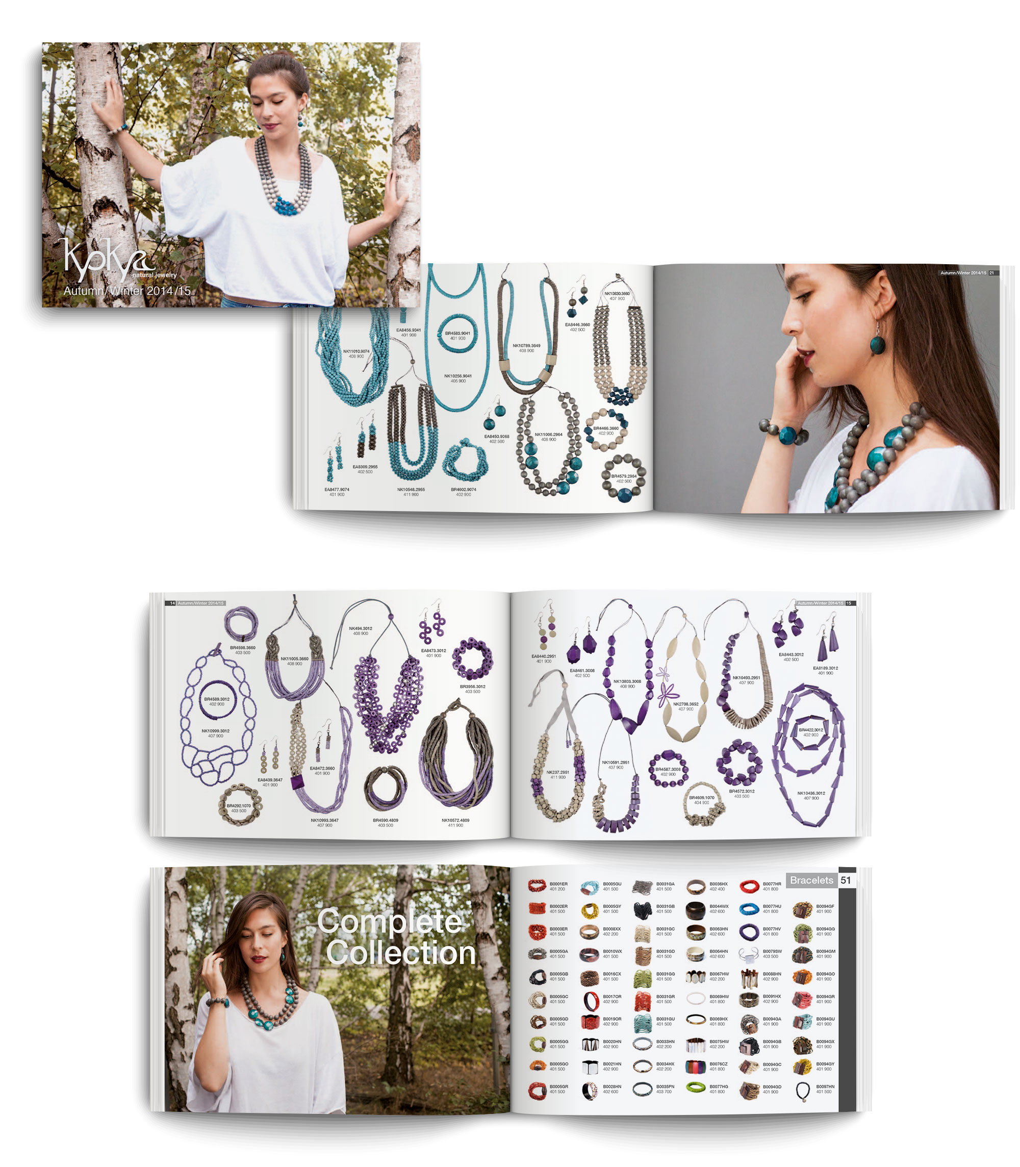 Editorial-Design und Layout für den Katalog von Kyokya Natural Jewelry (Schmuck aus Naturmaterial) – Beispielseiten