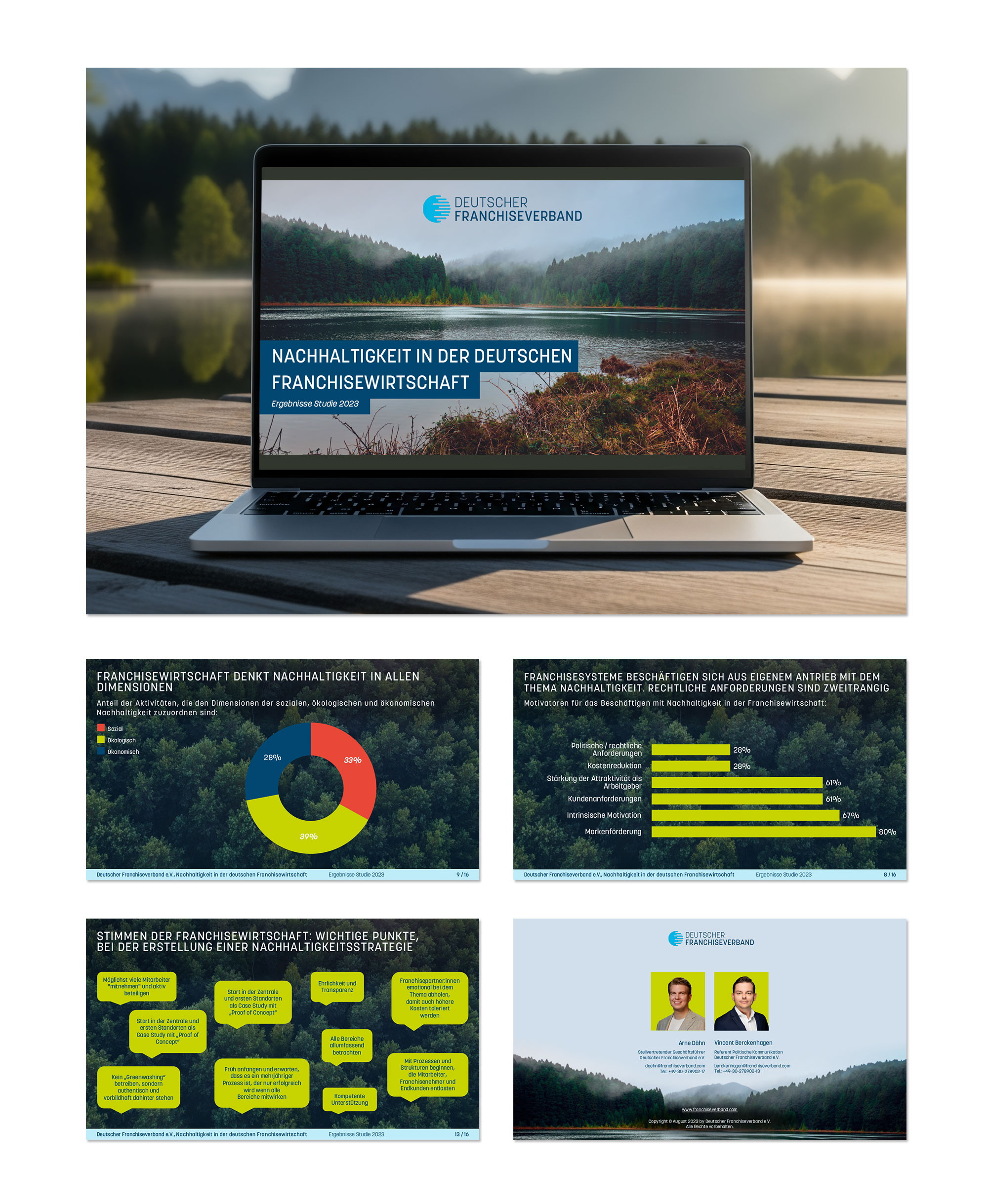 Deutscher Franchiseverband e.V.: Layout (Powerpoint) für Nachhaltigkeitsstudie – Beispielseiten